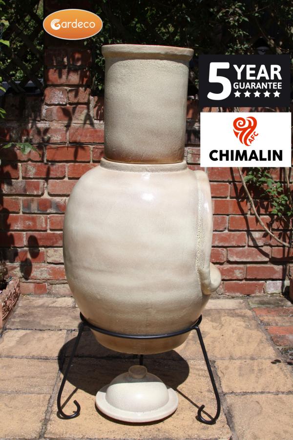-
ASTERIA extra-large chimenea made of Chimalin AFC, inc lid & stand, glazed cappucino
