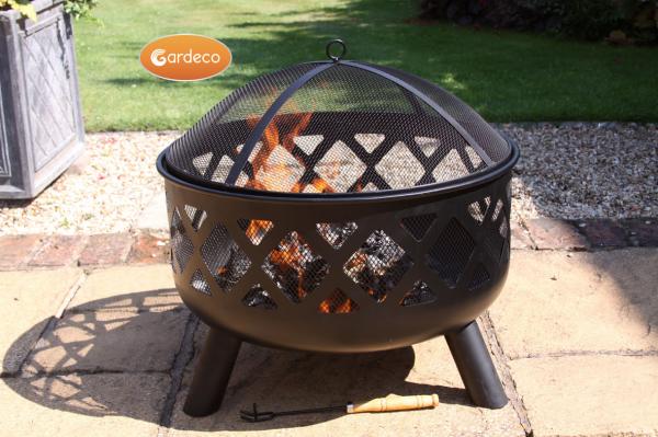 -Deep-drawn fire bowl with criss cross cut-out view of fire