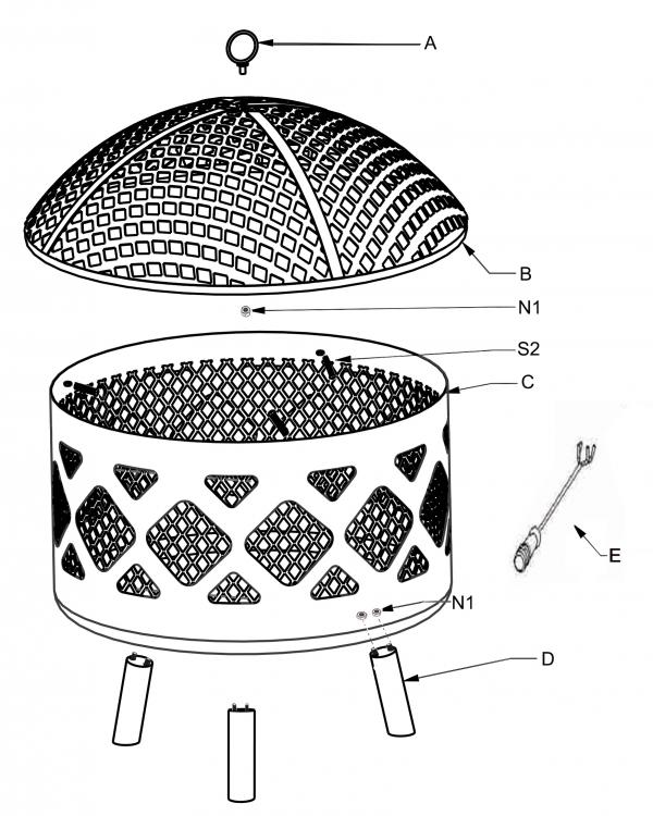 -
Deep-drawn fire bowl with criss cross cut-out view of fire