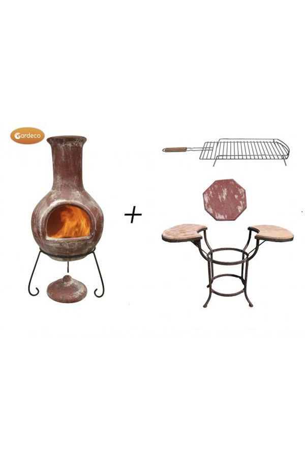 Colima Extra-Large Red Mexican Chimenea With Cradle, Tiles & BBQ Grill