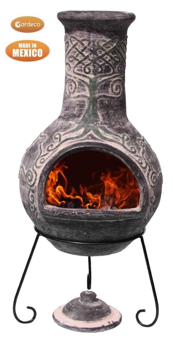 -Derwyn The Tree Mexican chimenea green tree on charcoal Celtic theme including stand and lid